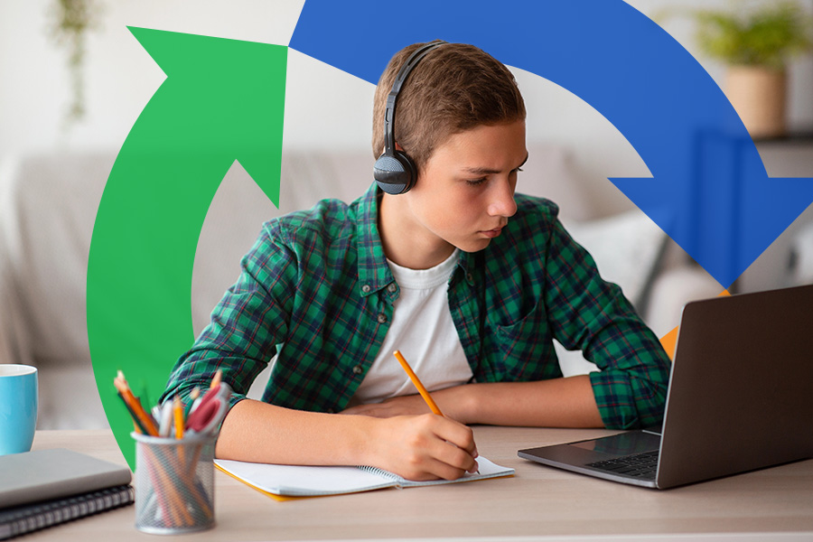 Boy uses his laptop to do homework from his bedroom with a Conexon icon behind for thumbnail.