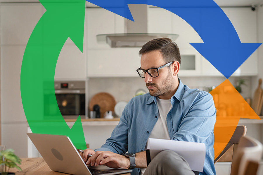 Man works on his laptop with a Conexon icon in the background for thumbnail.