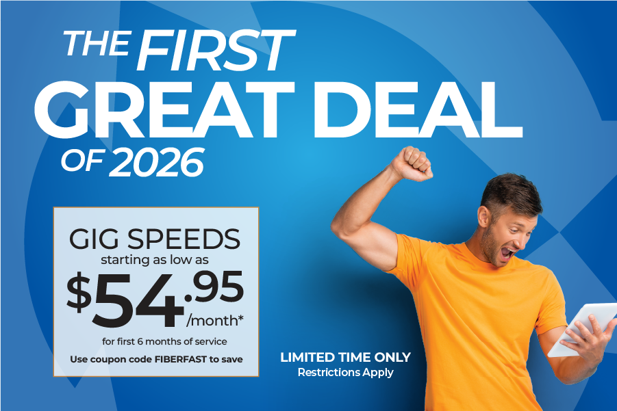 Popup promotion graphic. The first great deal of 2026 for $54.95 use coupon code FIBERFAST to save. A man in an orange shirt cheers looking at a tablet.