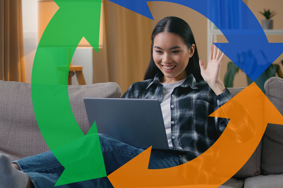 Woman waves on video call with Conexon icon around for thumbnail.