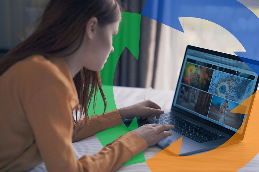 Woman looks at weather reports on her laptop with a Conexon icon around for thumbnail.