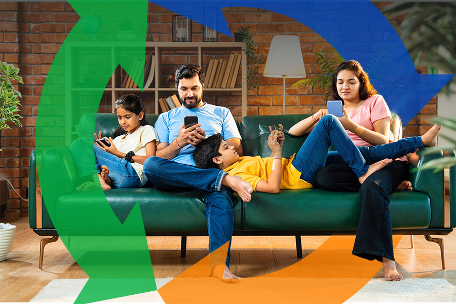 Family sitting on couch using devices with Conexon icon behind for thumbnail.