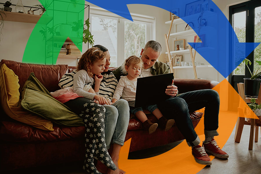 Family sits on a couch in a rural home looking at a laptop together with a Conexon icon behind for thumbnail.