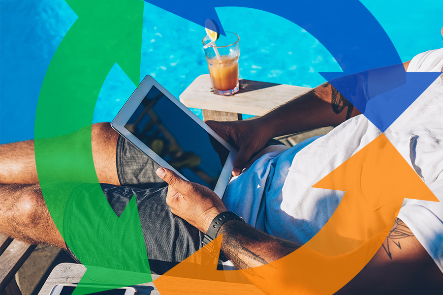 Man sits by pool using his tablet connected to the internet with a Conexon icon around for thumbnail.