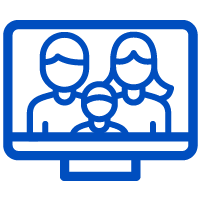 Blue icon of a computer with a picture of a family on it.
