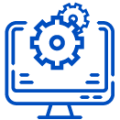 A blue computer with intertwining gears in the center.