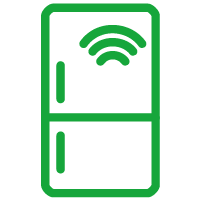 Green icon of a smart fridge.