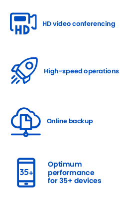 Icons indicating benefits of internet: HD video conferencing, high-speed operations, online backup and optimum performance for 35 plus devices.