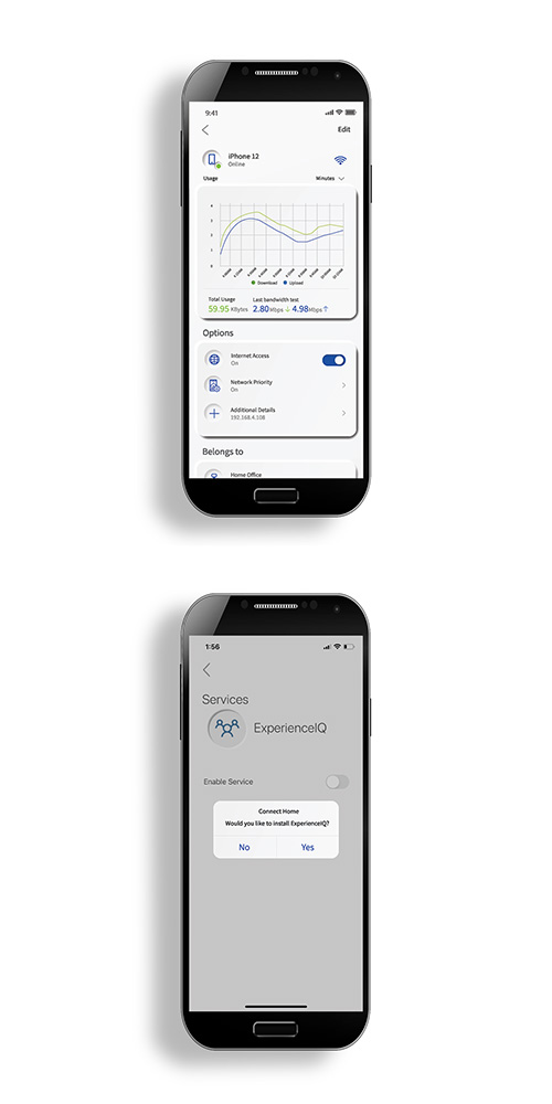 Smartphones with the My Connect Home experience screens on them.