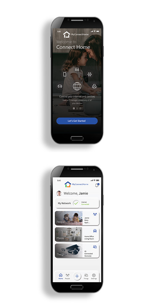 Smartphones with the My Connect Home screens on them.