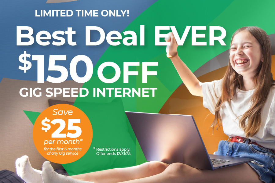 Girl sits on bed happy and laughing while using her laptop as coloured arrows fly around. Text for best deal ever across.