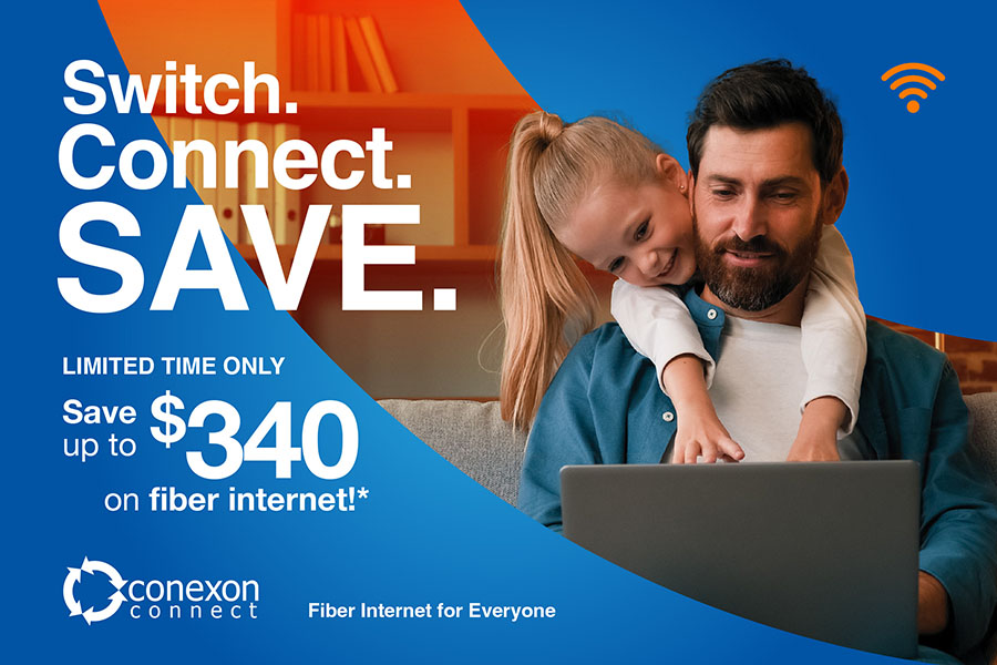 Daughter and father smile and use laptop with text overtop for Switch Connect Save up to $340 on fiber internet.